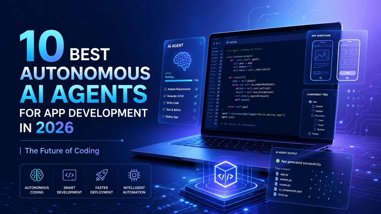 A futuristic digital workspace showing multiple autonomous AI agents collaborating on a mobile app source code and architecture diagrams.