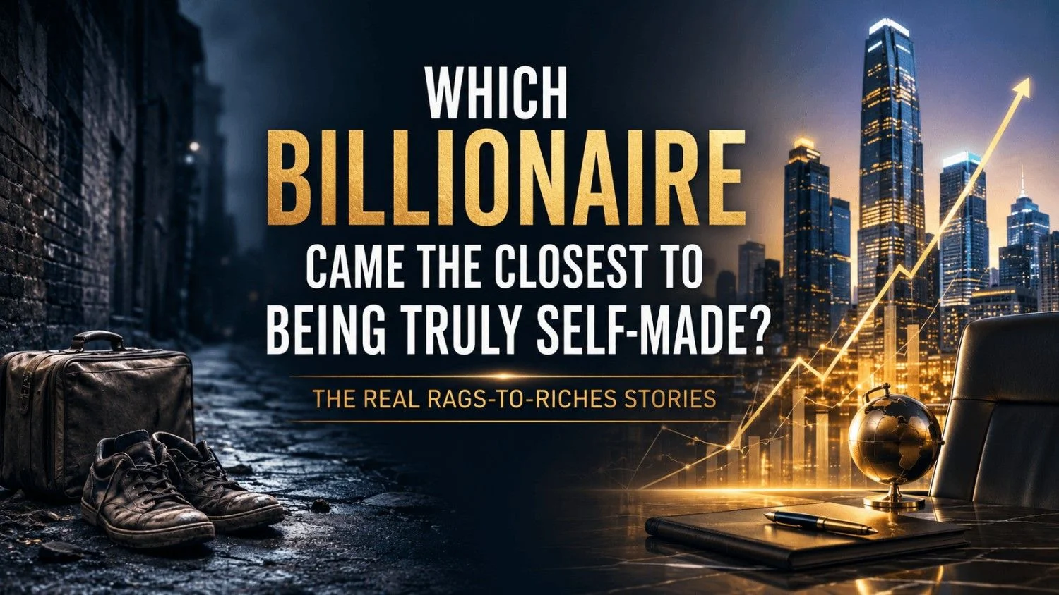 A conceptual image showing a person climbing a ladder made of light from a dark environment into a wealthy skyline, symbolizing self-made success.